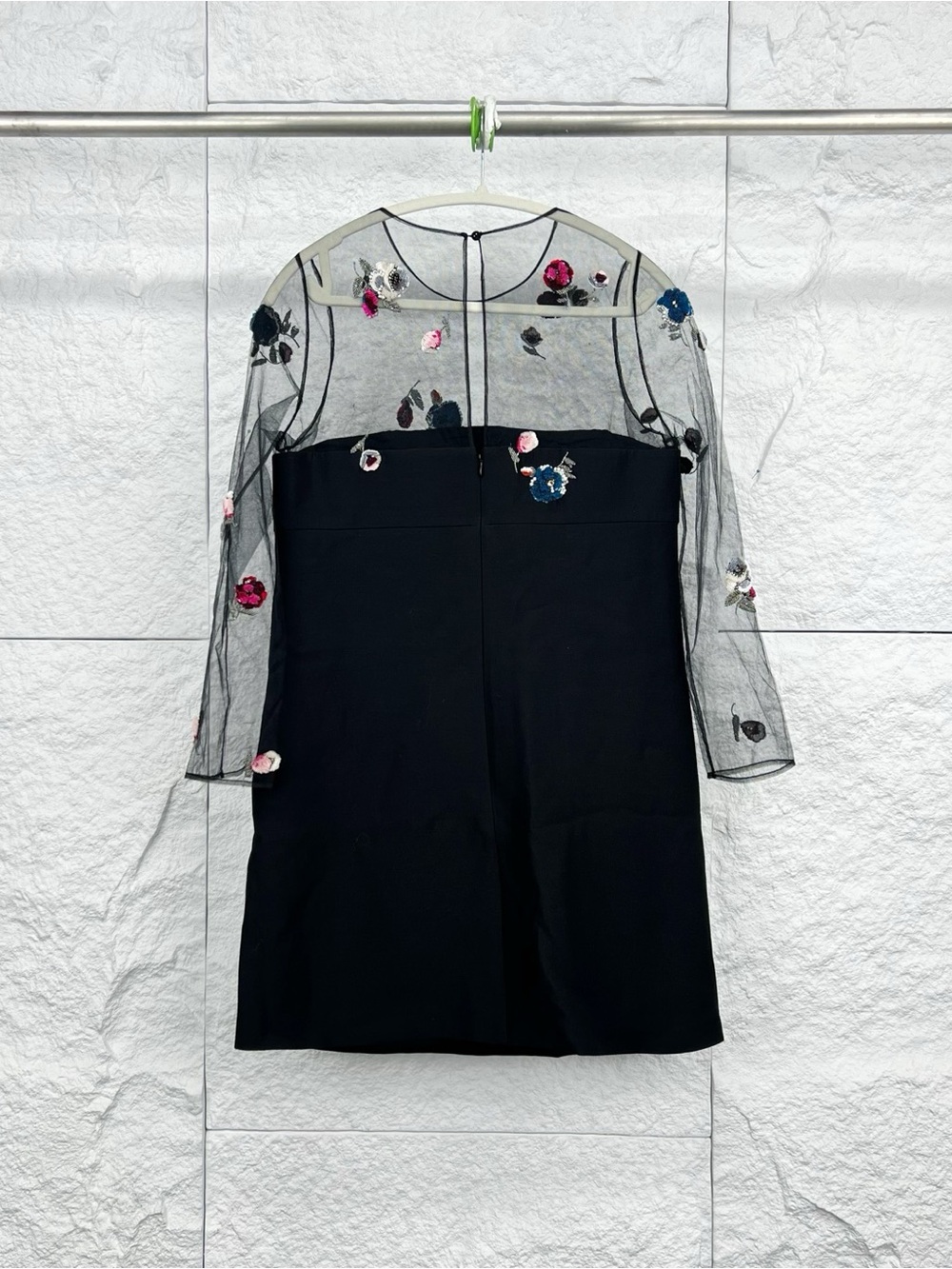 Valentino Black Mini Dress with Sheer Embroidered Floral Yoke